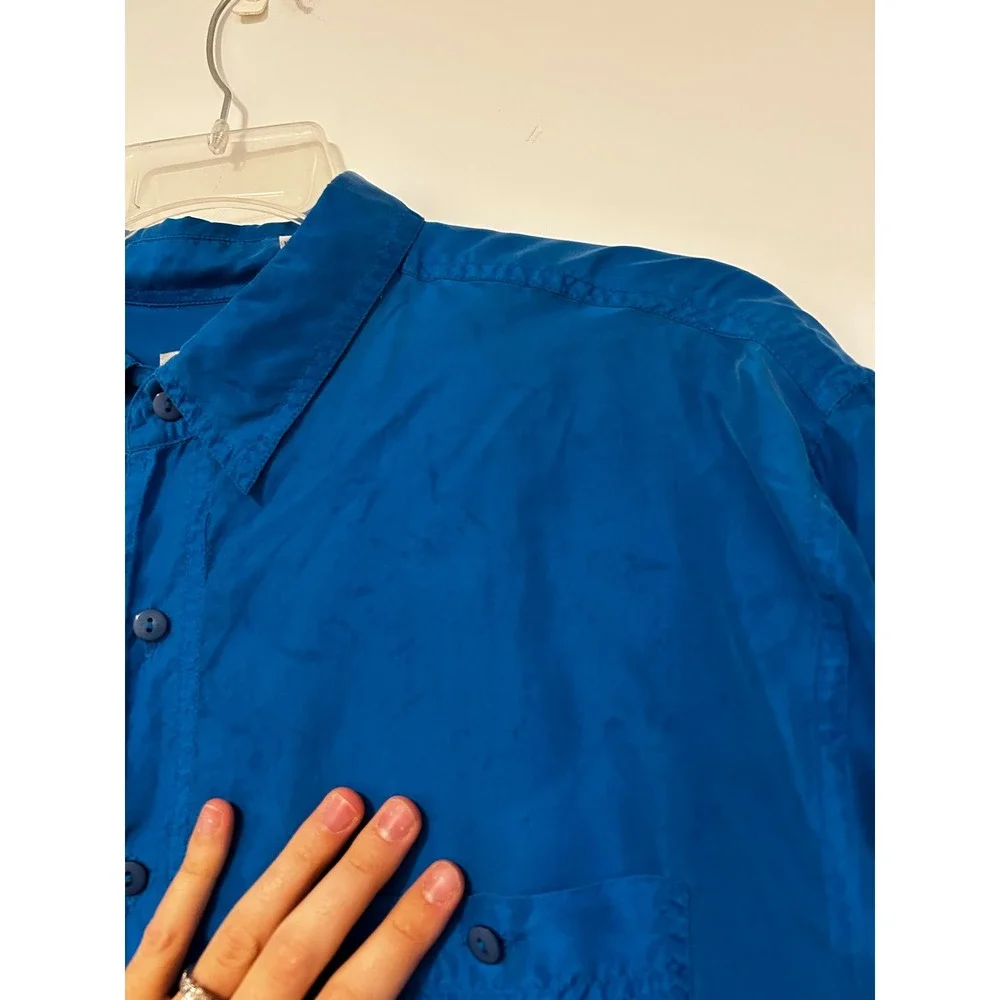 Impact Mens Vintage 100% Washable Silk Short Sleeve Button Down Shirt Blue L